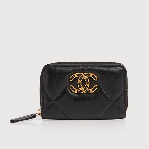 Chanel 19系列經典金屬菱紋小羊皮拉鍊零錢包｜晶片款｜