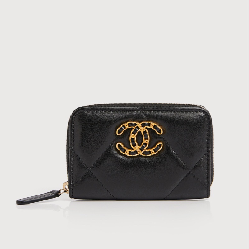 Chanel 19系列經典金屬菱紋小羊皮拉鍊零錢包｜晶片款｜-0