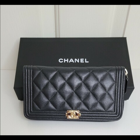 CHANEL💫 黑金拉鏈 荔枝皮長夾