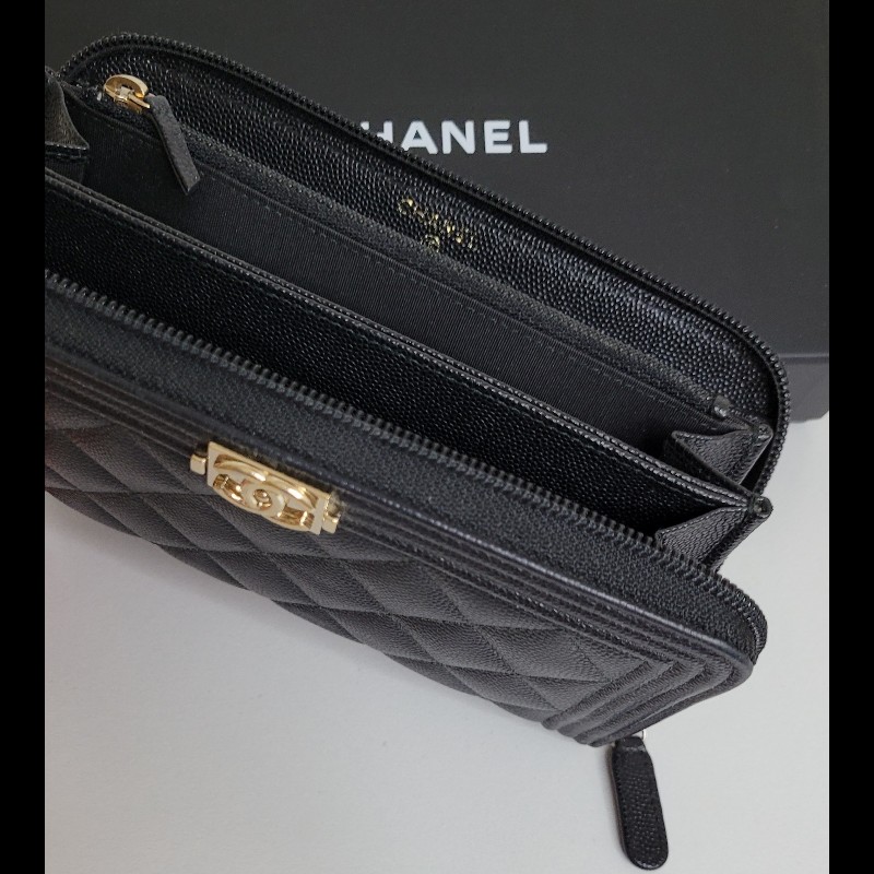 CHANEL💫 黑金拉鏈 荔枝皮長夾-4