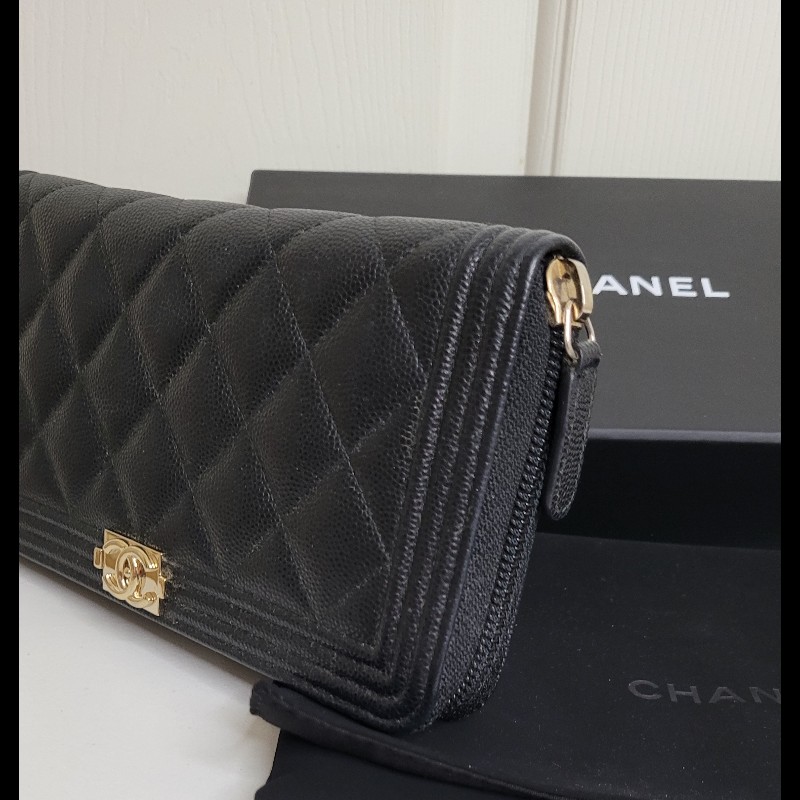 CHANEL💫 黑金拉鏈 荔枝皮長夾-6