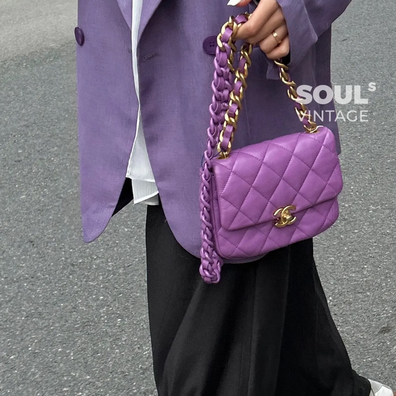 香奈兒 Chanel 22S 香芋紫 鴛鴦編織鏈 Mini Flap方胖子-5
