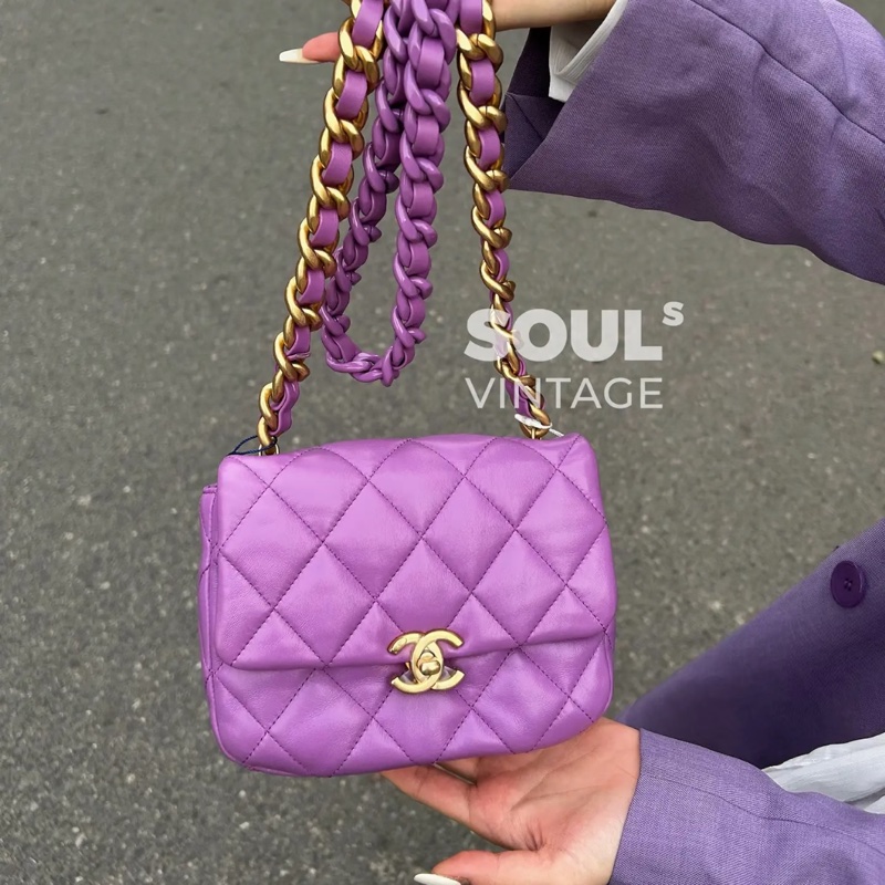 香奈兒 Chanel 22S 香芋紫 鴛鴦編織鏈 Mini Flap方胖子-6