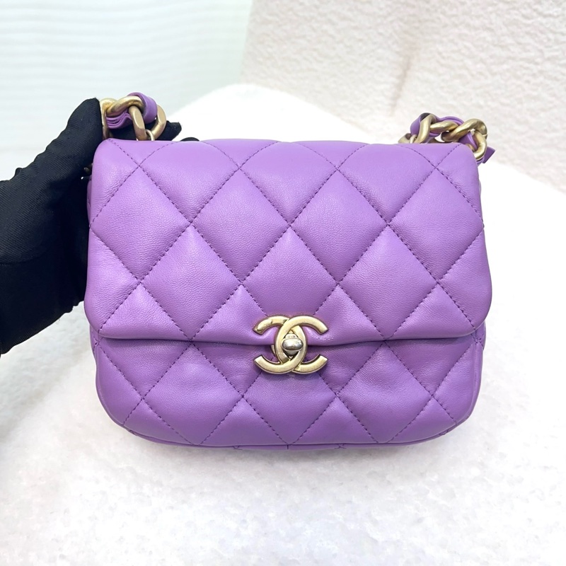 香奈兒 Chanel 22S 香芋紫 鴛鴦編織鏈 Mini Flap方胖子-17