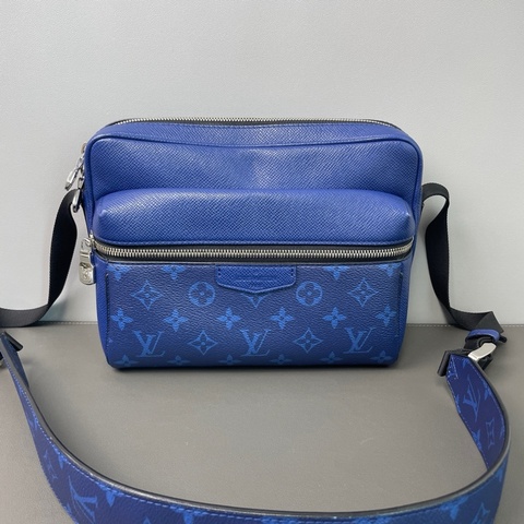 lv/路易威登 19年 outdoor老花拼皮郵差包藍色 經典老花配寶藍色，Taiga皮革+Mono