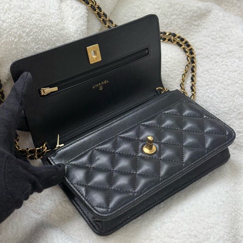 （台灣專櫃購證🇹🇼全配）全新Chanel 23P 黑色荔枝皮雙鏈 WOC✨最新晶片款 專櫃15萬-6