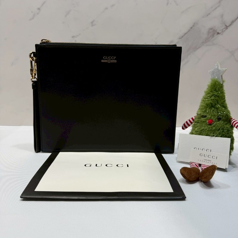 GUCCI 燙金Logo黑皮革手拿包-0