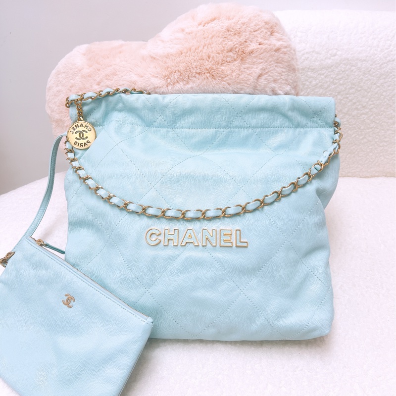 全新 Chanel 22 小號淺藍牛皮托特-0