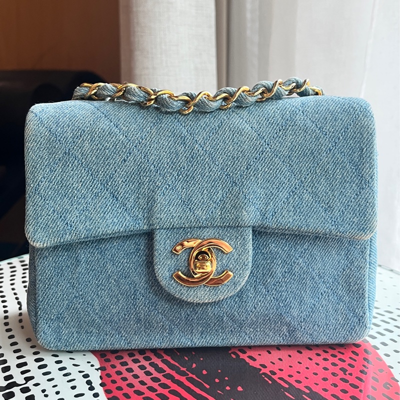 香奈兒 CHANEL 中古包 狀況極美老香 丹寧小方胖古董包 牛仔帆布-0