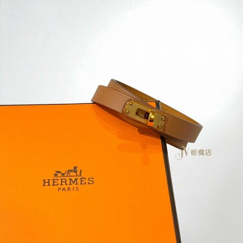JY0332-HERMES Mini Kelly金棕牛皮玫瑰金釦雙圈手環