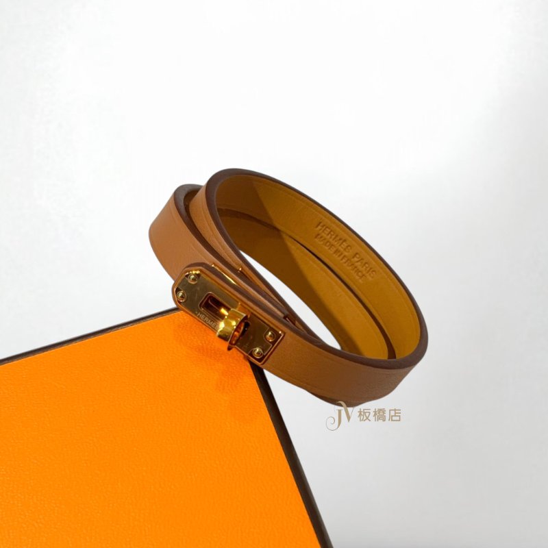 JY0332-HERMES Mini Kelly金棕牛皮玫瑰金釦雙圈手環-5