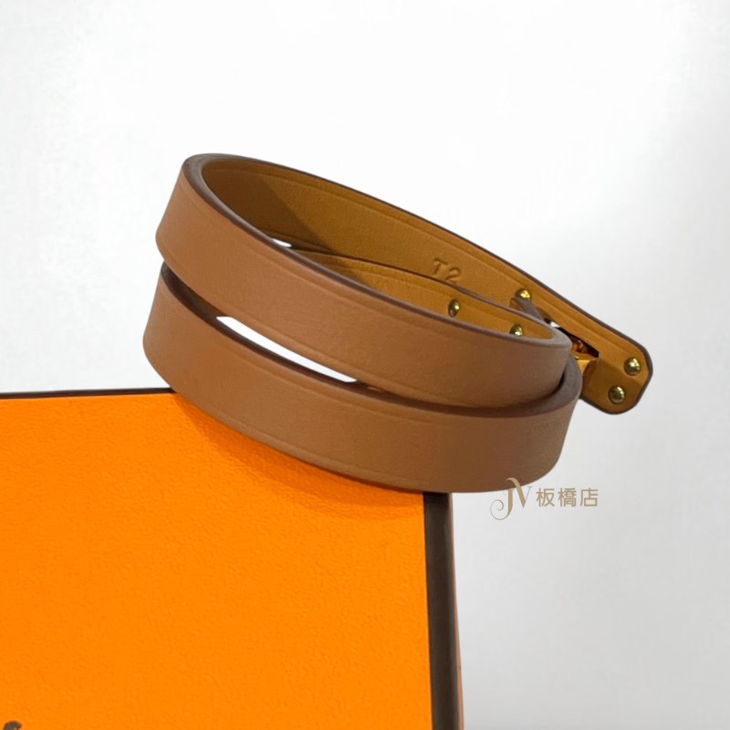 JY0332-HERMES Mini Kelly金棕牛皮玫瑰金釦雙圈手環-6