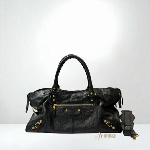 JY0355-Balenciaga 黑色油蠟皮金釦機車包