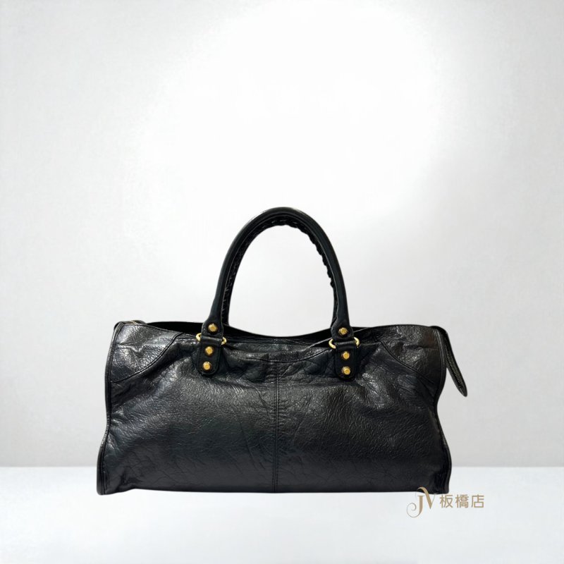 JY0355-Balenciaga 黑色油蠟皮金釦機車包-3