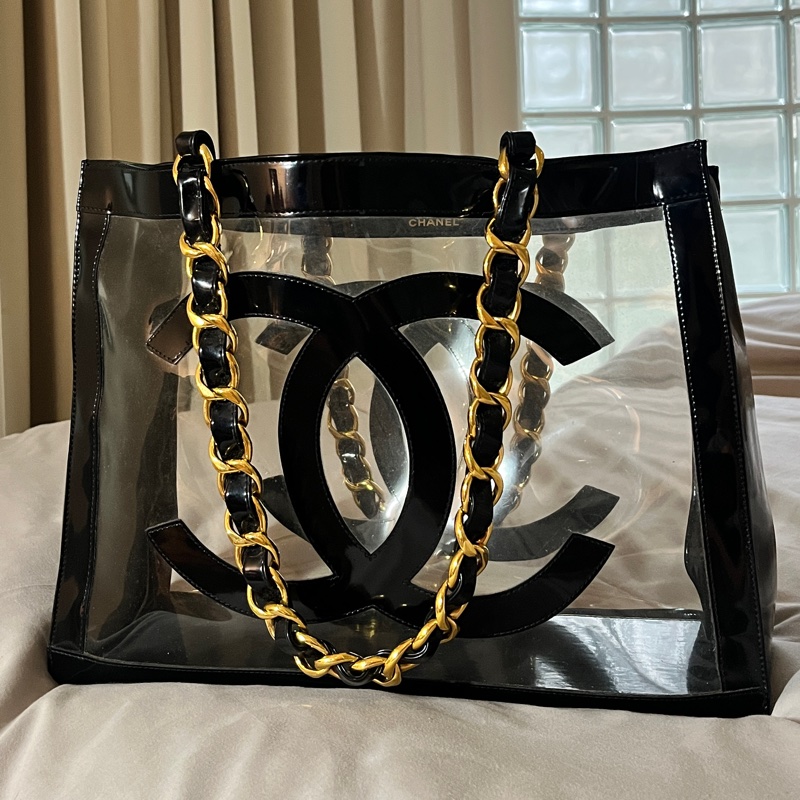 CHANEL 香奈兒中古包 經典大logo PVC托特包 金色粗鍊透明款 大方包-1