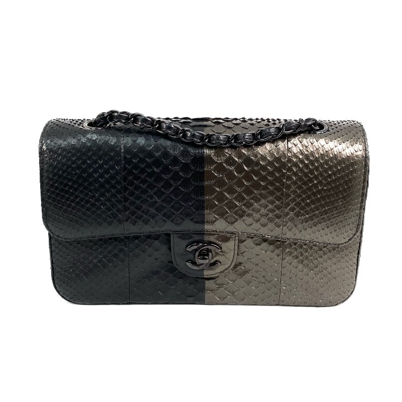 △ Chanel 香奈兒 CF25 Black And Grey Python Black Tone Metal Classic Double Flap Chain Shoulder Bag No.21 A01112 黑色和灰色蛇皮黑色金屬鎖鏈肩背袋No.21 - 267000425-1