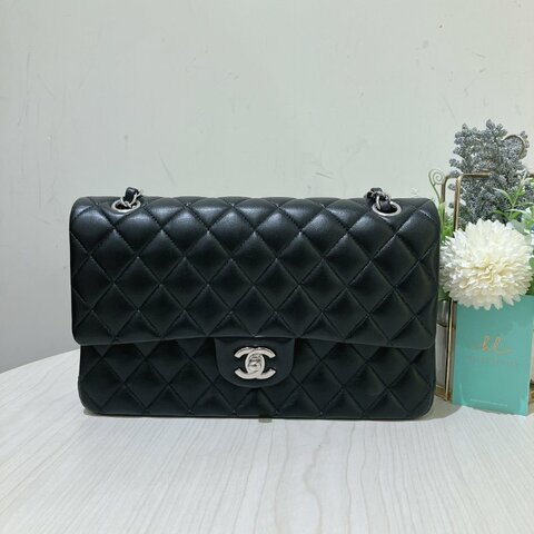 TK1956	 香奈兒 經典 羊皮 翻蓋 斜孭 單肩 Double Flap Bag 25cm Lambskin Black X PHW