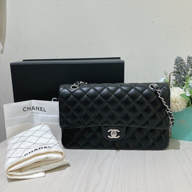 TK1956	 香奈兒 經典 羊皮 翻蓋 斜孭 單肩 Double Flap Bag 25cm Lambskin Black X PHW-29