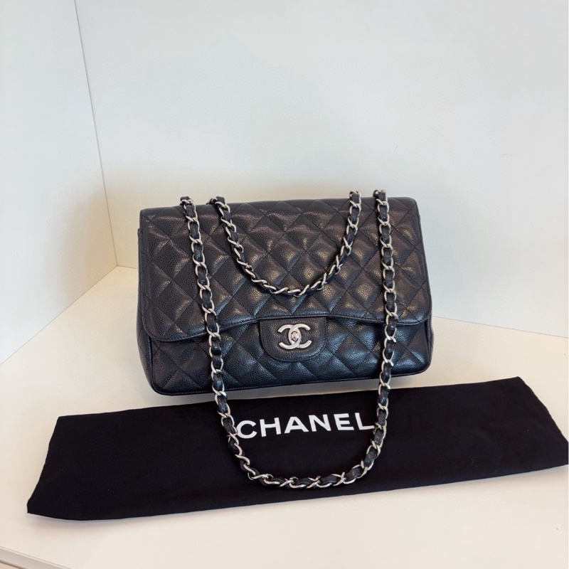 【98新🆕】Chanel 黑銀 荔枝皮單蓋CF Jumbo鏈條包 單肩包-0