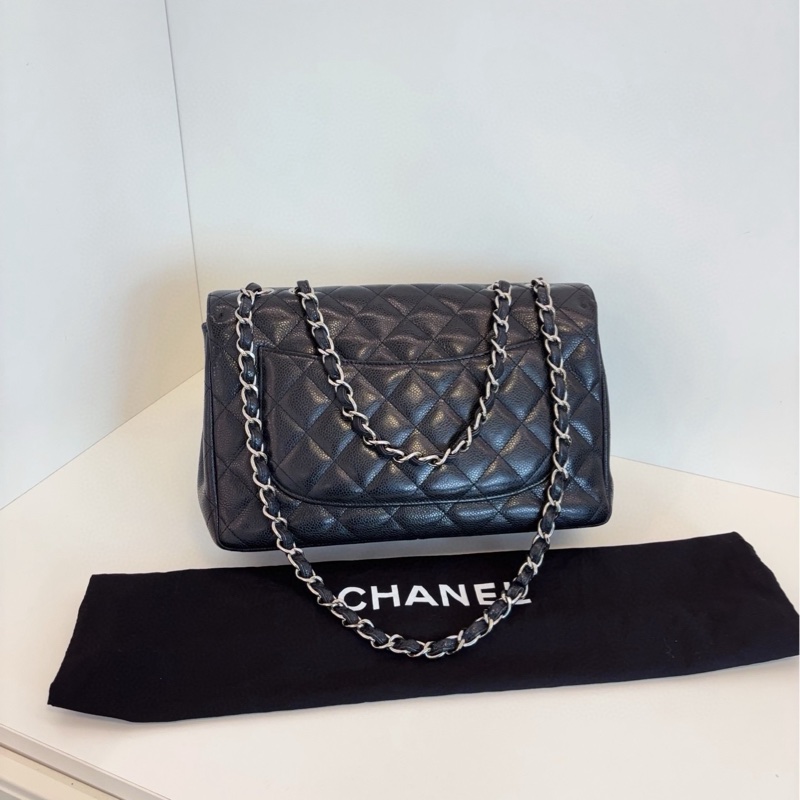 【98新🆕】Chanel 黑銀 荔枝皮單蓋CF Jumbo鏈條包 單肩包-1