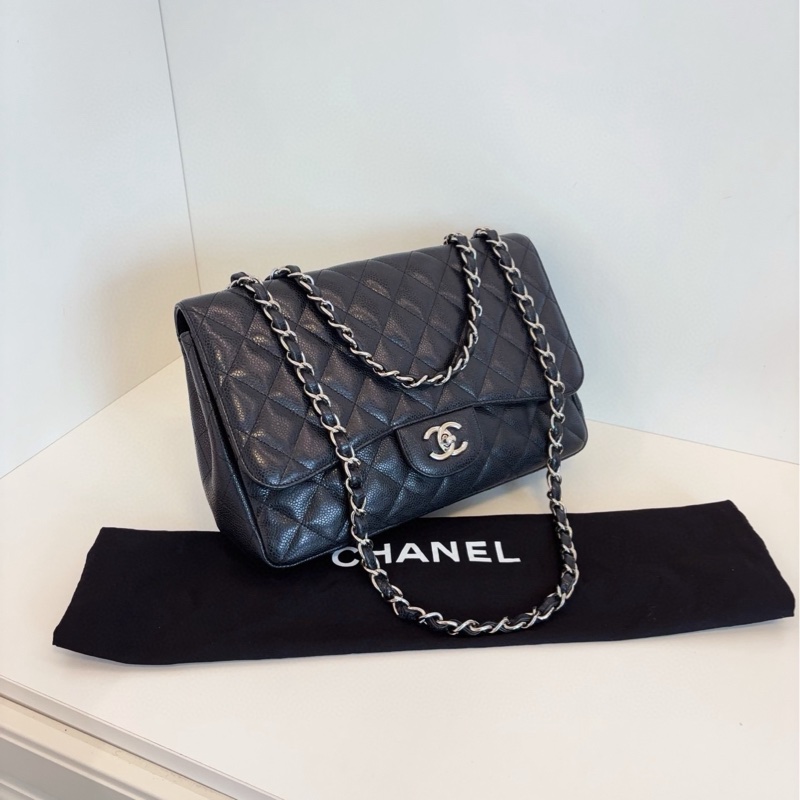 【98新🆕】Chanel 黑銀 荔枝皮單蓋CF Jumbo鏈條包 單肩包-2