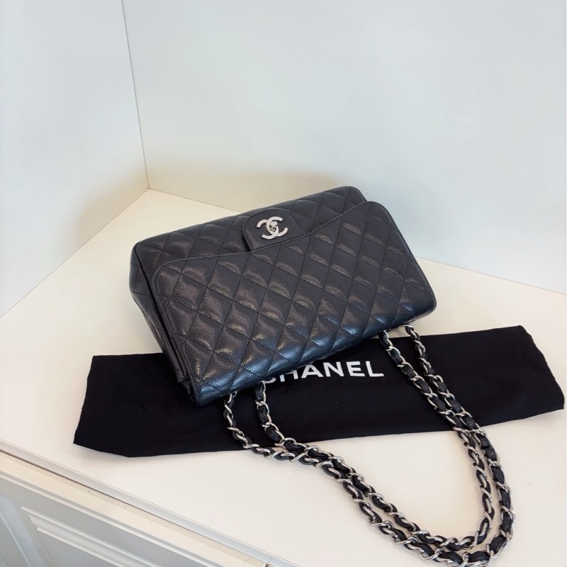 【98新🆕】Chanel 黑銀 荔枝皮單蓋CF Jumbo鏈條包 單肩包-4