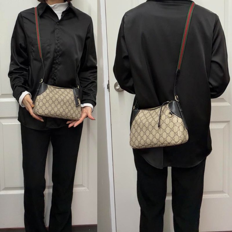 【門市全新現貨】GUCCI GG Emblem 帆布紅綠色織帶斜背包手提包兩用包 (附原廠防塵袋)-3