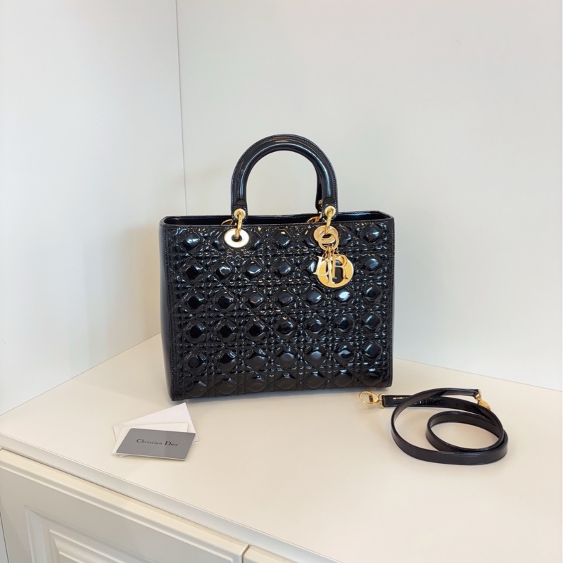 【98新部分膜在🆕】Dior黑金漆皮 七格戴妃包  手提包-0