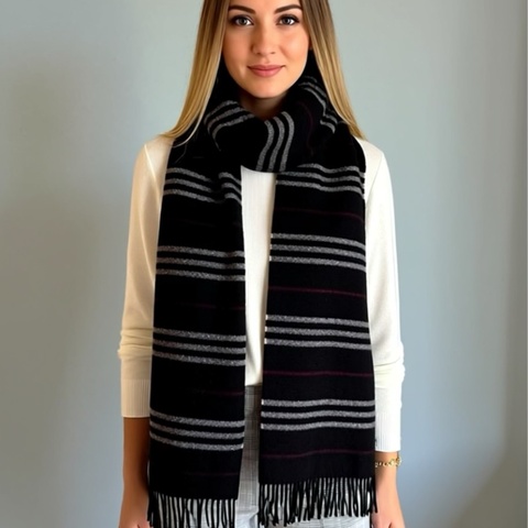 【絕版日本黑標】Burberry Black Label 條紋羊毛圍巾 / 紫色戰馬刺繡