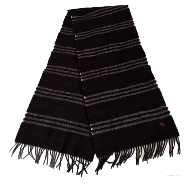【絕版日本黑標】Burberry Black Label 條紋羊毛圍巾 / 紫色戰馬刺繡-3