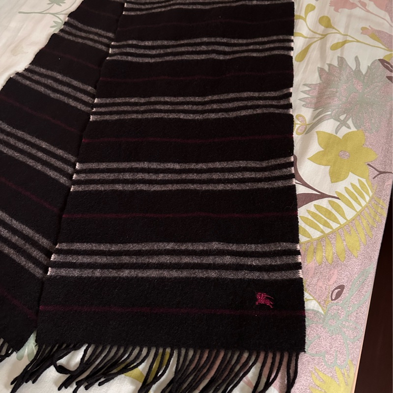 【絕版日本黑標】Burberry Black Label 條紋羊毛圍巾 / 紫色戰馬刺繡-5