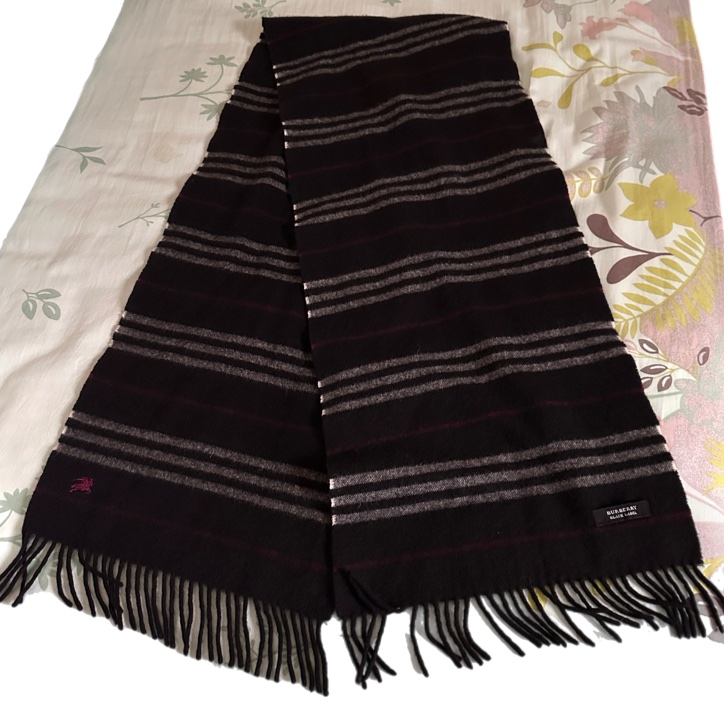 【絕版日本黑標】Burberry Black Label 條紋羊毛圍巾 / 紫色戰馬刺繡-6