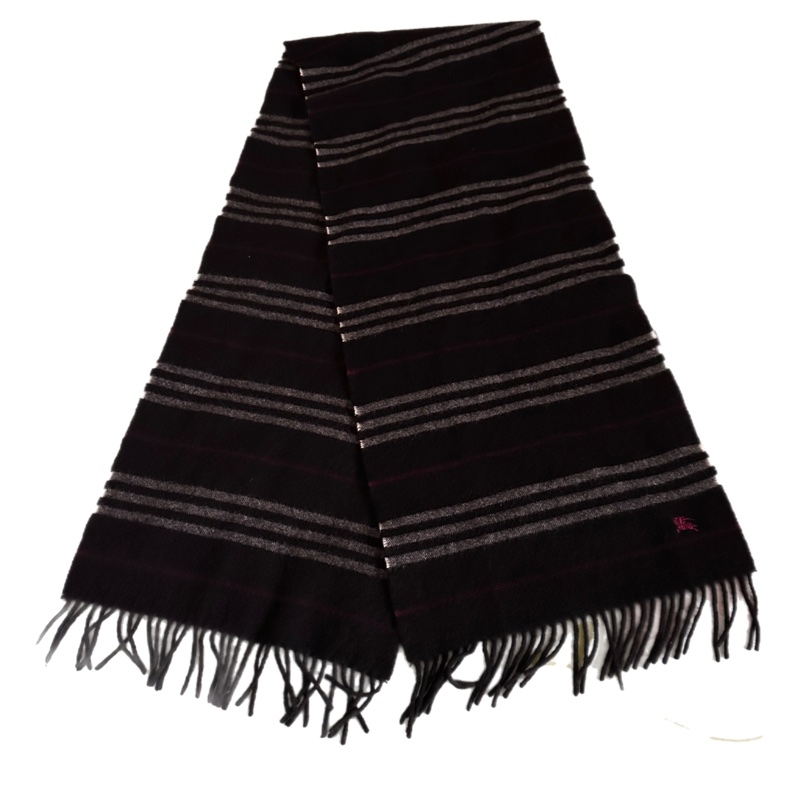 【絕版日本黑標】Burberry Black Label 條紋羊毛圍巾 / 紫色戰馬刺繡-7