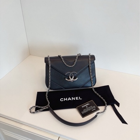 【99新🆕】Chanel 黑銀 荔枝皮 古巴 extra CF 黃金中號 單肩包