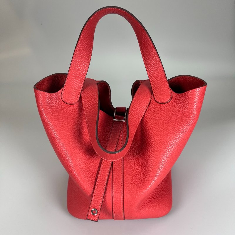 HERMES □R刻 牡丹紅CLEMENCE皮 PICOTIN22 MM 菜籃包-0