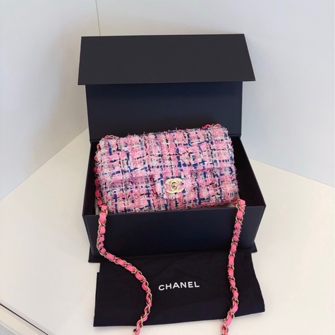 【全新帶膜全套🆕 】Chanel 23p芯片款 cf 大mini 毛呢粉色編織⛓鏈條包 斜挎包