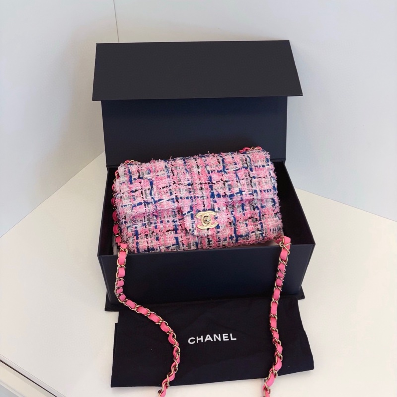 【全新帶膜全套🆕 】Chanel 23p芯片款 cf 大mini 毛呢粉色編織⛓鏈條包 斜挎包-0