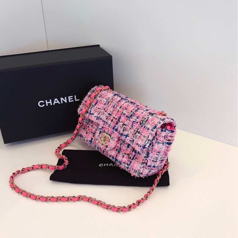 【全新帶膜全套🆕 】Chanel 23p芯片款 cf 大mini 毛呢粉色編織⛓鏈條包 斜挎包-2