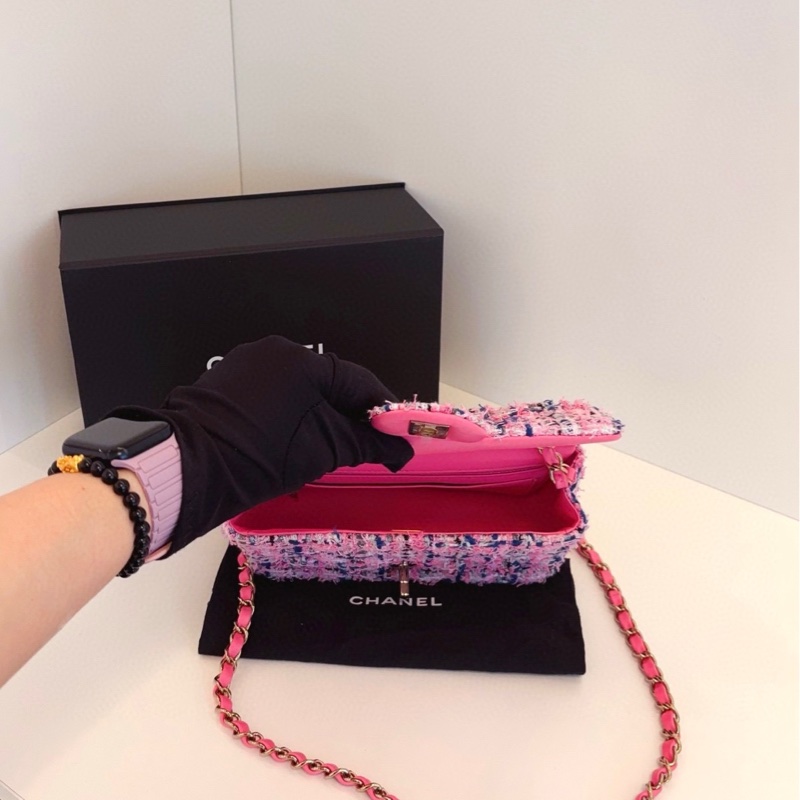 【全新帶膜全套🆕 】Chanel 23p芯片款 cf 大mini 毛呢粉色編織⛓鏈條包 斜挎包-6