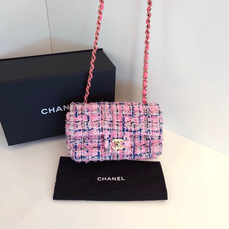 【全新帶膜全套🆕 】Chanel 23p芯片款 cf 大mini 毛呢粉色編織⛓鏈條包 斜挎包-7
