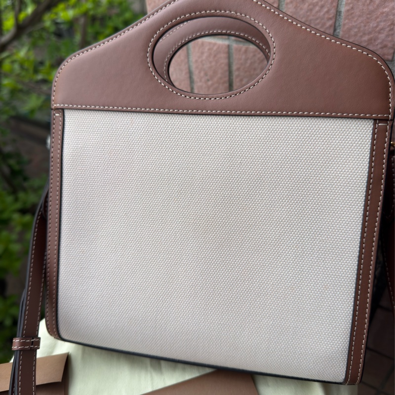 二手BURBERRY咖啡色帆布Mini Pocket迷你口袋手提肩背包-4