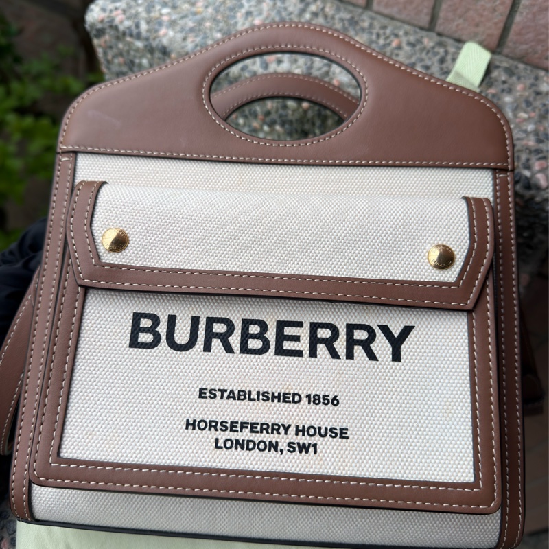 二手BURBERRY咖啡色帆布Mini Pocket迷你口袋手提肩背包-14