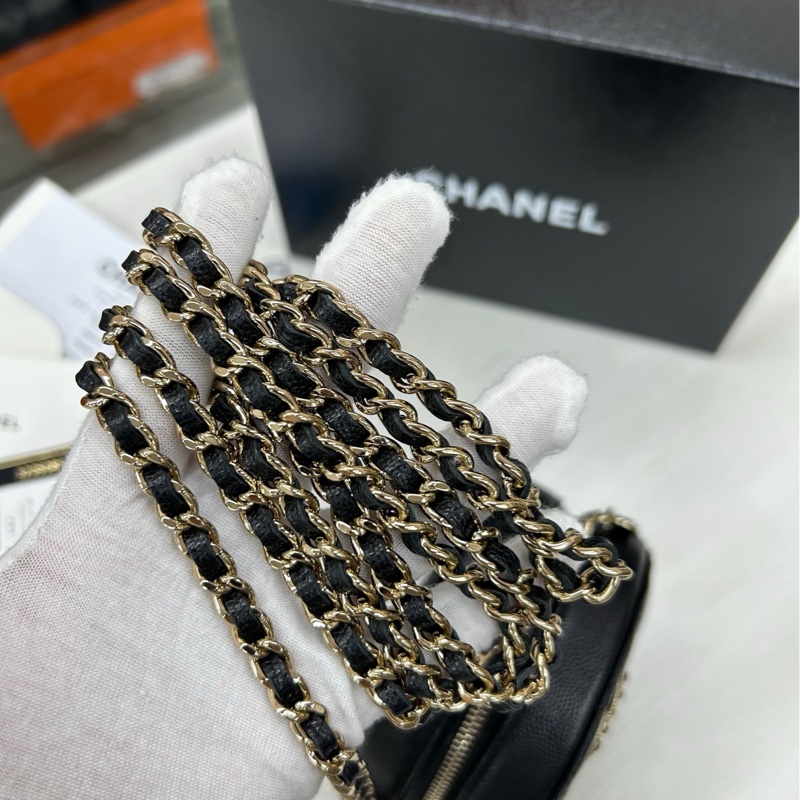 【全套】 Chanel 黑金荔枝牛皮鑽扣小圓餅 斜挎包-4