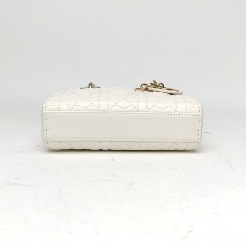 DIOR LadyD-Joy橫版戴妃包超迷你16白色羊皮淺金扣-3