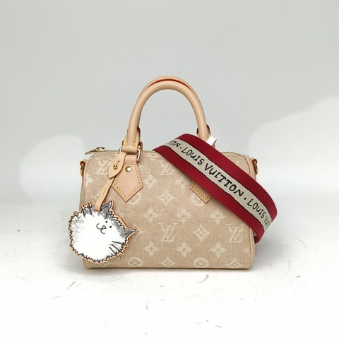 LOUIS VUITTON Speedy20聯名款貓咪掛飾米色帆布晶片肩背包