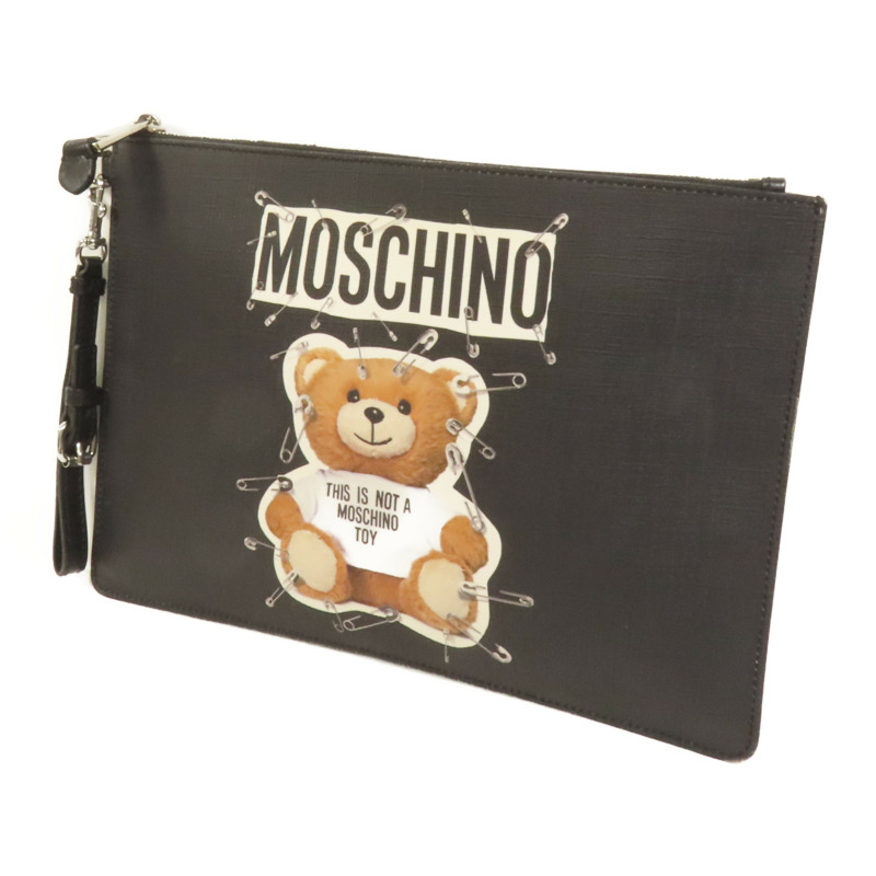 MOSCHINO 塗層帆布Teddy Bear Pouch銀扣手拿包-2