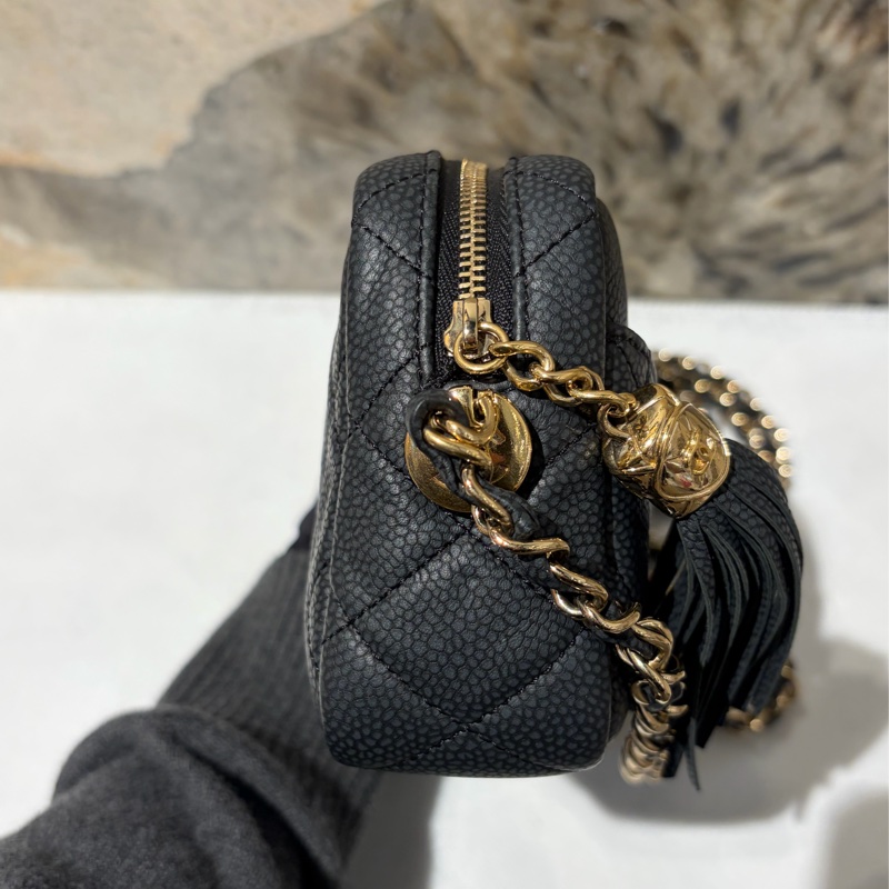 Chanel霧面黑灰荔枝流蘇金鏈包-2