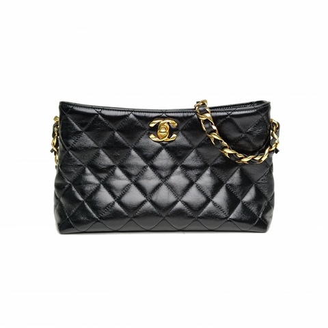 CHANEL 黑色油蠟皮晶片開金扣24B腋下hobo鏈條包