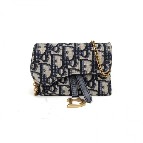 DIOR 墨藍色帆布金扣2020馬鞍卡包鏈條包