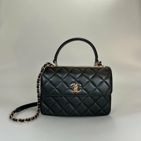 CHANEL TRENDYCC 25玫瑰金菱格提把側肩包 黑羊皮 A92236/晶片款